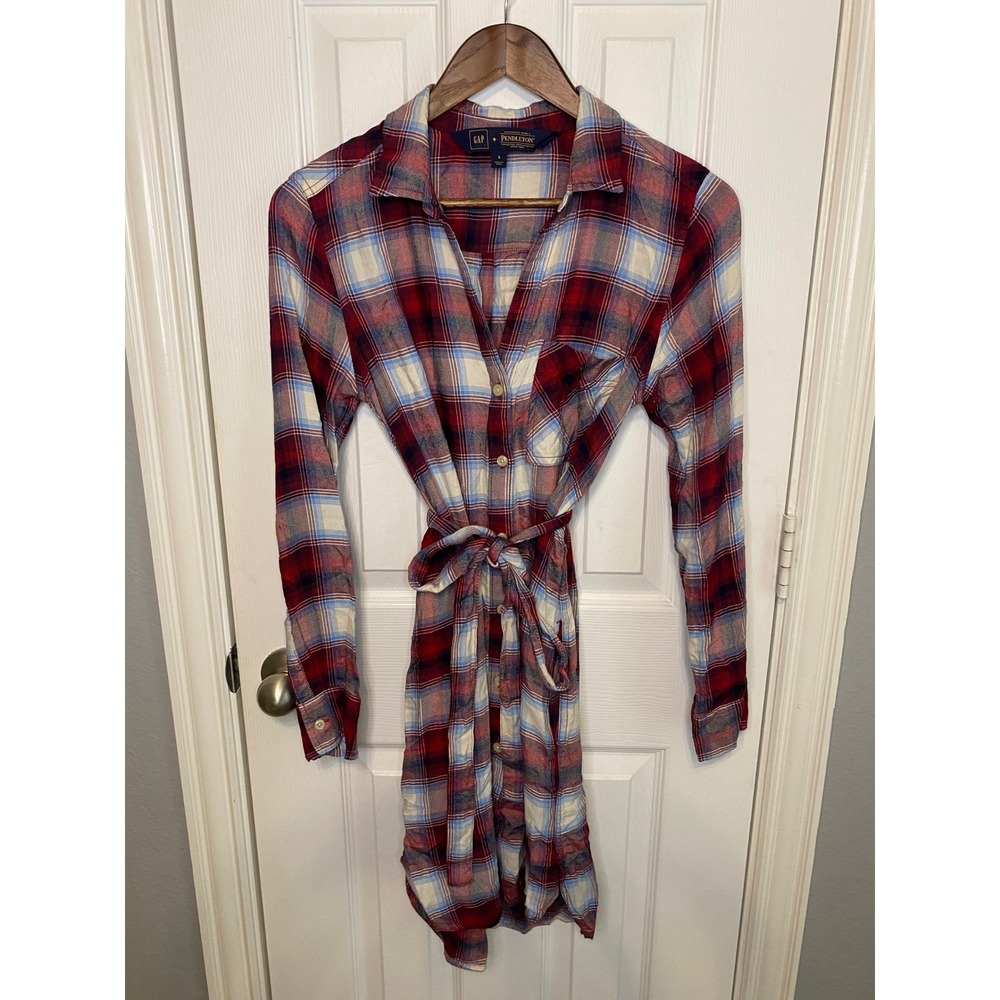 Gap x Pendleton Red Plaid Shirt Dress Long Sleeve Belted‎ Rayon Womens Small